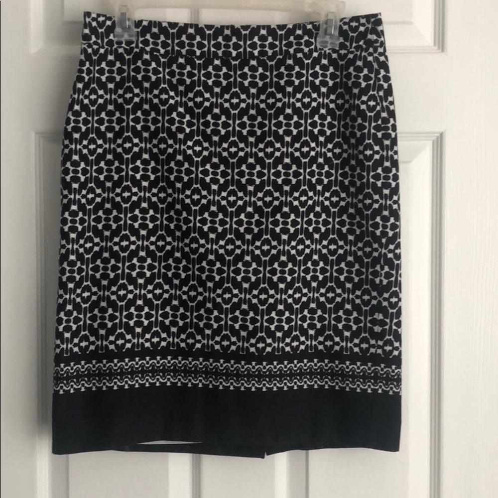 Black and white patterned knee length skirt